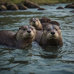 Otters Floating in a River.