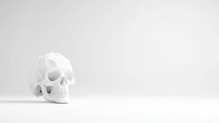A pristine white skull, minimalist and stark, against a white background.  