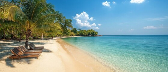 Desert landscape with sand dunes and rocks under a blue sky with clouds. Suitable for backgrounds in design, adventure themes.