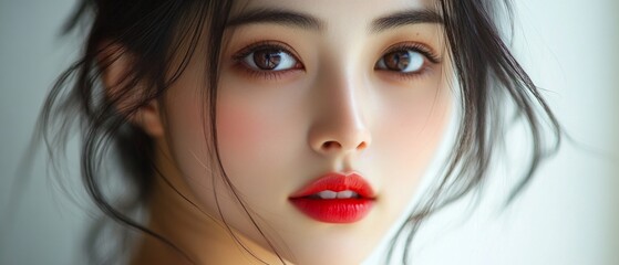 Fototapeta premium Portrait of a woman with bright makeup, looking at the camera. Ideal for beauty blogs, cosmetics ads, magazine covers.