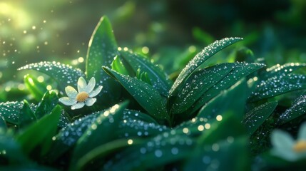 Dew-kissed flowers shine in the early morning light among lush green foliage in a tranquil garden setting