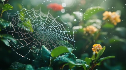 Morning dew glistens on a spider web adorned with droplets amidst vibrant flowers in a garden
