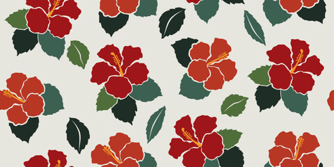 Red hibiscus hand drawn floral seamless pattern, can be used for fabric, textile, apparel, wrapping paper, cover, banner, abstract background etc. Vector illustration.