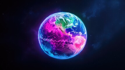 Naklejka premium Vibrant neon planet Earth glowing with pink, blue, and green colors in dark outer space.