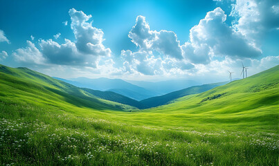 Fototapeta premium Green hills meadow landscape with wind turbines