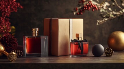 Elegant perfume display on a festive table with decorative elements and holiday ambiance