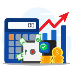 Investment concept, saving money and budget management with icon of vault, arrow, dollar, coin, calculator, dollar, and graph. Increasing profit and income.