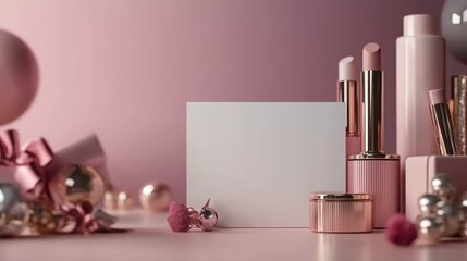 Elegant arrangement of cosmetics and decor on a pink backdrop with a blank card for customization and communication