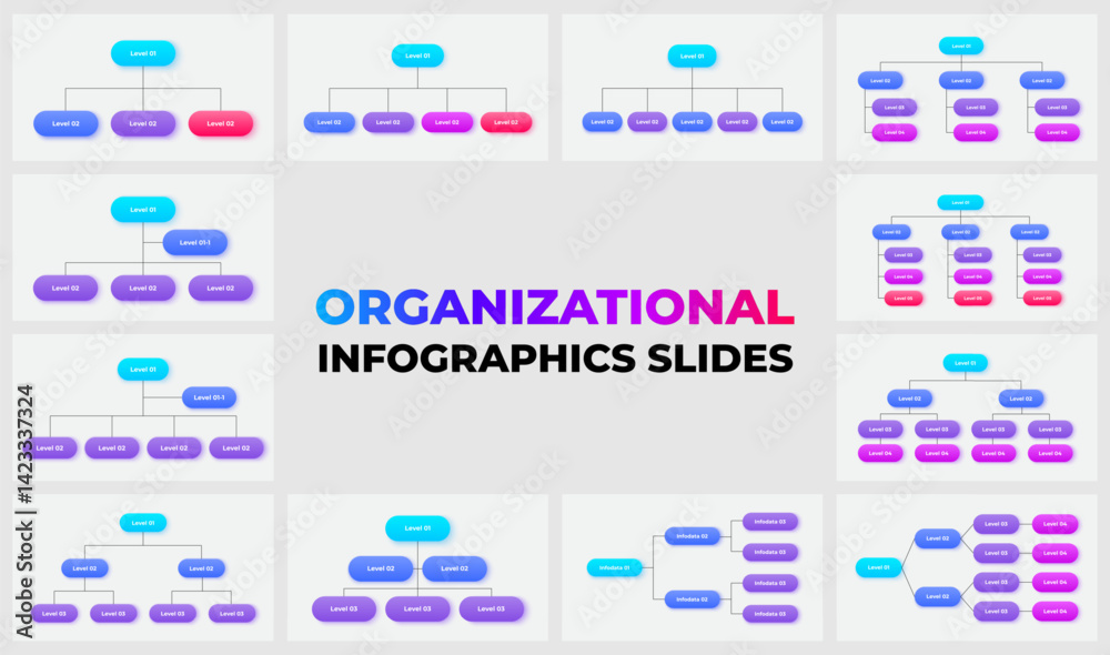 Poster Customizable organizational charts showcasing colorful infographic designs ideal for business presentations, team structures, and data visualization. Perfect for management hierarchy planning