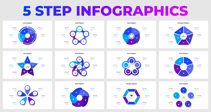 Visually compelling 5 step infographic designs featuring various diagrams for professional business, strategy planning, and organizational presentations. Ideal for reports and business solutions