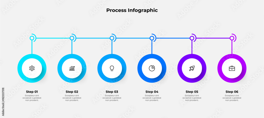 Poster Clean infographic illustrating a six step business or project process with gradient colors and icons. Ideal for presentations, workflow explanations, and process visualization