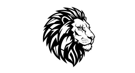 lion head profile in bold contour lines, geometric mane shapes, negative space eyes, strong monochrome aesthetic