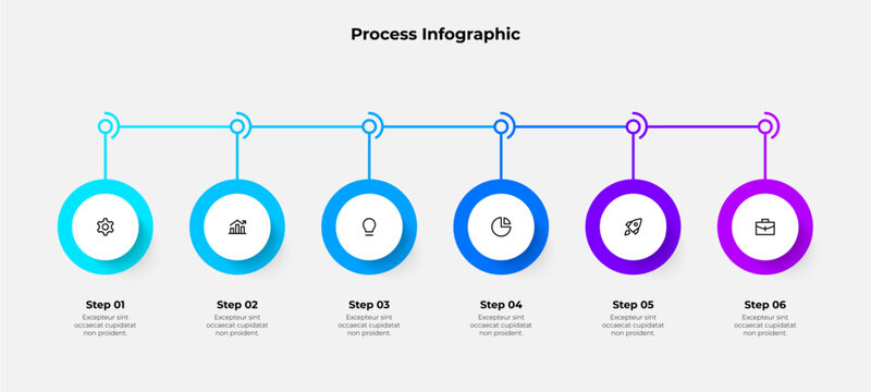 Clean infographic illustrating a six step business or project process with gradient colors and icons. Ideal for presentations, workflow explanations, and process visualization