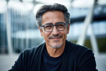 Naklejka premium Confident Mature Man with Glasses Smiling Outdoors in Urban Setting.