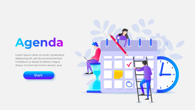 Illustration of individuals organizing a calendar, planning schedules, and collaborating. Includes a clock, symbols of teamwork. Suitable for themes of organization and time management