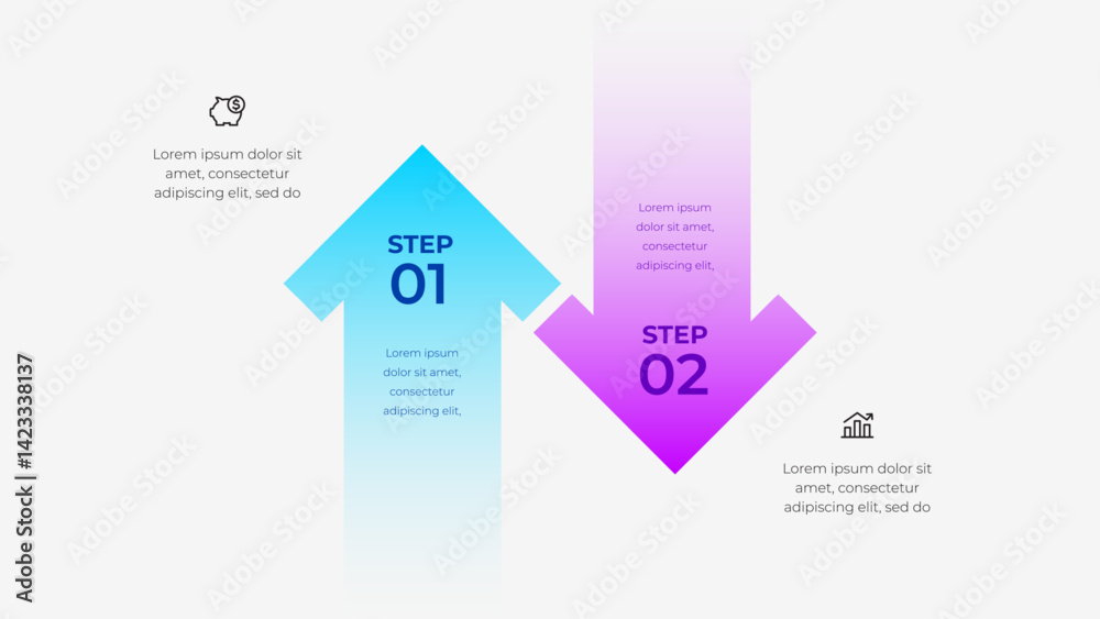 Aufkleber illustration representing a business process in two steps with arrows, piggy bank, and analytics ico