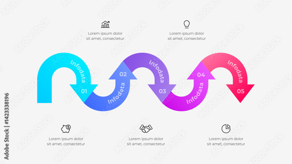 Poster Dynamic infographic illustrating a five step process with gradient arrows and business related iconography, ideal for enhancing presentations, diagrams, and educational materials