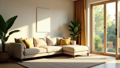 Sunlit living room featuring a plush corner sofa, contemporary, minimal, home decor