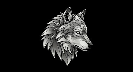wolf head profile in bold contour lines, geometric mane shapes, negative space eyes, strong monochrome aesthetic