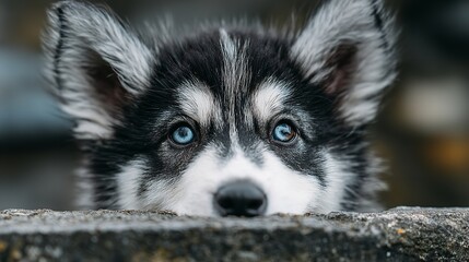Obraz premium Adorable Black and White Husky Puppy with Blue Eyes Peeking Over Iron Wall – Outdoor Pet Portrait Looking at Camera