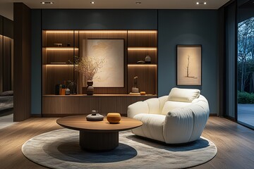 modern living room with fireplace, The chair has armrests made from luxurious leather fabric, brass legs, and an octagonal wood side table, with warm tones, traditional elements, and soft lighting.