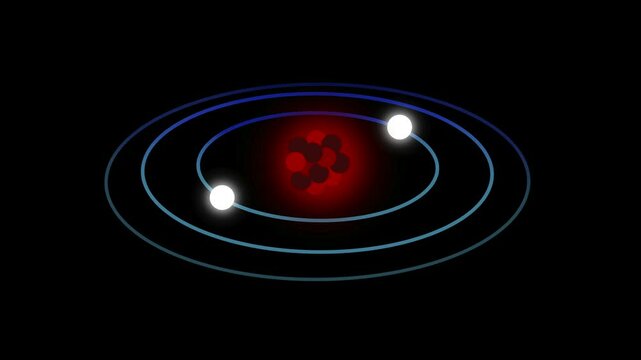 atomic model showing electrons orbiting a nucleus, Bohr model with glowing electron paths and a red glowing nucleus, atomic structure and subatomic particles, science, chemistry, physics concepts