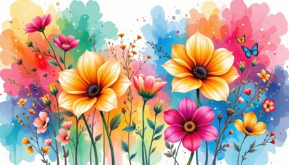 Fototapeta premium A vibrant watercolor background with outlined flowers layered on top for contrast.