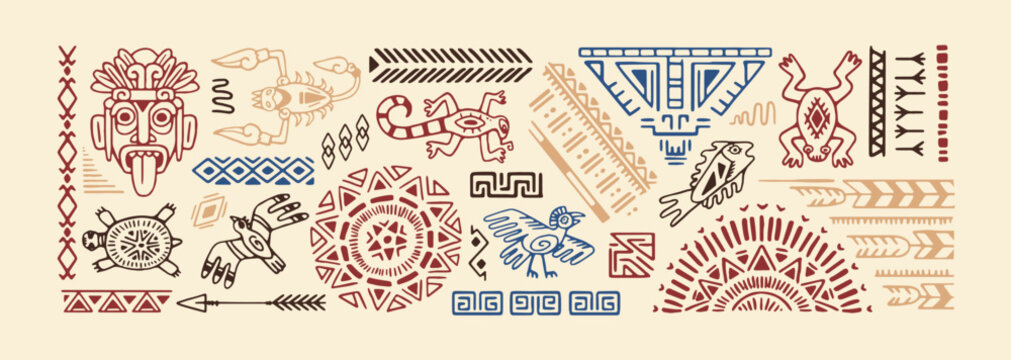 Background with ancient Aztec or Peruvian wall arts. Tribal pattern with abstract ethnic symbols, folk elements. Doodle ornament of native Navajo, Maya or Mexican culture. Flat vector illustration
