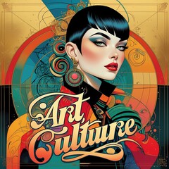 Vibrant illustration poster featuring a fusion of art, culture, and fashion elements, with a mix of geometric shapes, abstract patterns, and ornate details, set against a bright, gradient background
