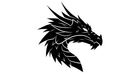 Fototapeta premium dragon head profile in bold contour lines, geometric mane shapes, negative space eyes, strong monochrome aesthetic.