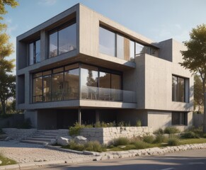 Fototapeta premium Contemporary house under renovation, exterior view, project, windows
