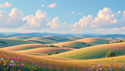 An ethereal landscape of rolling hills painted in gentle pastel colors, with a whimsical sky overhead.
