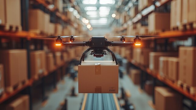 A sprawling logistics hub, where an intricate dance of automated drones and robotic conveyor belts seamlessly distribute parcels across the globe, a marvel of modern supply chain technology. 