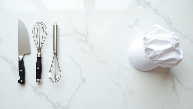 a clean white overhead flat lay arrangement of kitchen tools and a crisp white chef's hat
