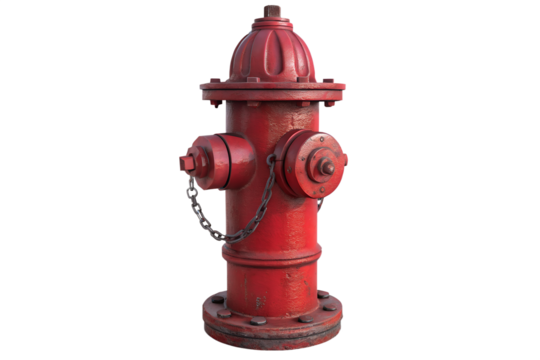 Realistic red fire hydrant made of metal, designed for high-pressure water supply. Isolated on a transparent background, perfect for use in safety, emergency services, urban infrastructure, or educati
