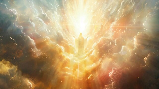 Heavenly Ascent: Witness a radiant celestial being enveloped in divine light, rising through a tapestry of ethereal clouds, representing the journey of spiritual awakening and enlightenment.
