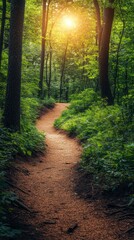 A winding hiking trail meanders through a vibrant green forest, where dappled sunlight breaks through the tree canopy, inviting adventurers to explore the serene path ahead.