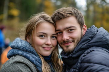 Obraz premium Couple enjoying autumn camping in forest, dressed in warm clothing and smiling together outdoors, generative ai