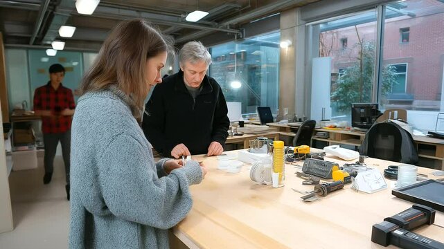 A mentor critiquing a product prototype in a busy studio