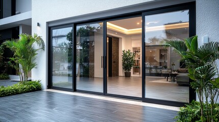 Chic Home Entrance Featuring Expansive Glass Sliding Doors and Ample Copy Space - Generative AI