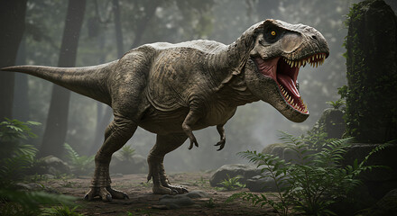 Fototapeta premium Roaring Tyrannosaurus Rex in Lush Jungle Scene Dinosaur Predator