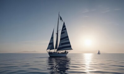 Fototapeta premium Classic blue and white nautical stripes, sailboat silhouette, pattern, design
