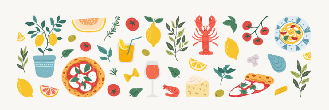 Naklejki Italian summer vacation. Hand drawn Italy food set. Mediterranean lunch and dinner icons. Lemons, pasta, lemon tree, tomato, pizza, lobster, wine. Dolce vita amalfi style. Vector illustration.