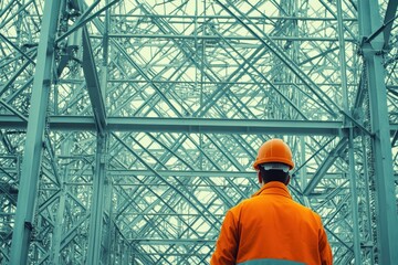 Fototapeta premium Men at Work. Civil Engineer and Safety Officer Inspect Steel Truss at Construction Site