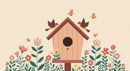 Birdhouse Surrounded by Flowers and Butterflies in Charming Vector Illustration