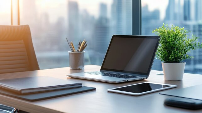 Modern workspace essentials, laptop and cell phone on a desk - Powered by Adobe
