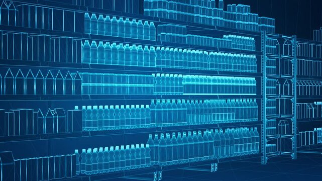 Wireframe of many bottles and cans in a grocery shop. Geometry blue lines highlight many bottles on shelves.