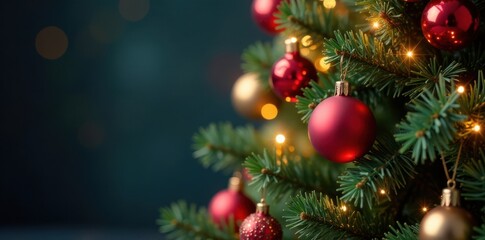 Obraz premium Colorful Christmas tree decorated with ornaments and lights, lights, gold, wreath