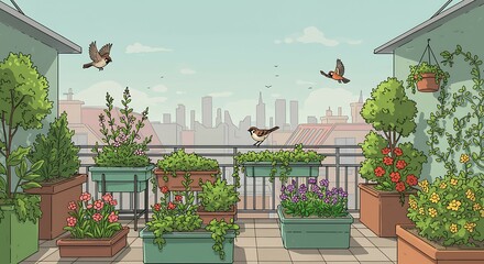 Balcony Garden with Flowers, Plants, and Birds in Cityscape Setting