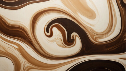 Abstract Close-Up of Swirling Coffee and Cream, Marbled Brown and White Liquid Art